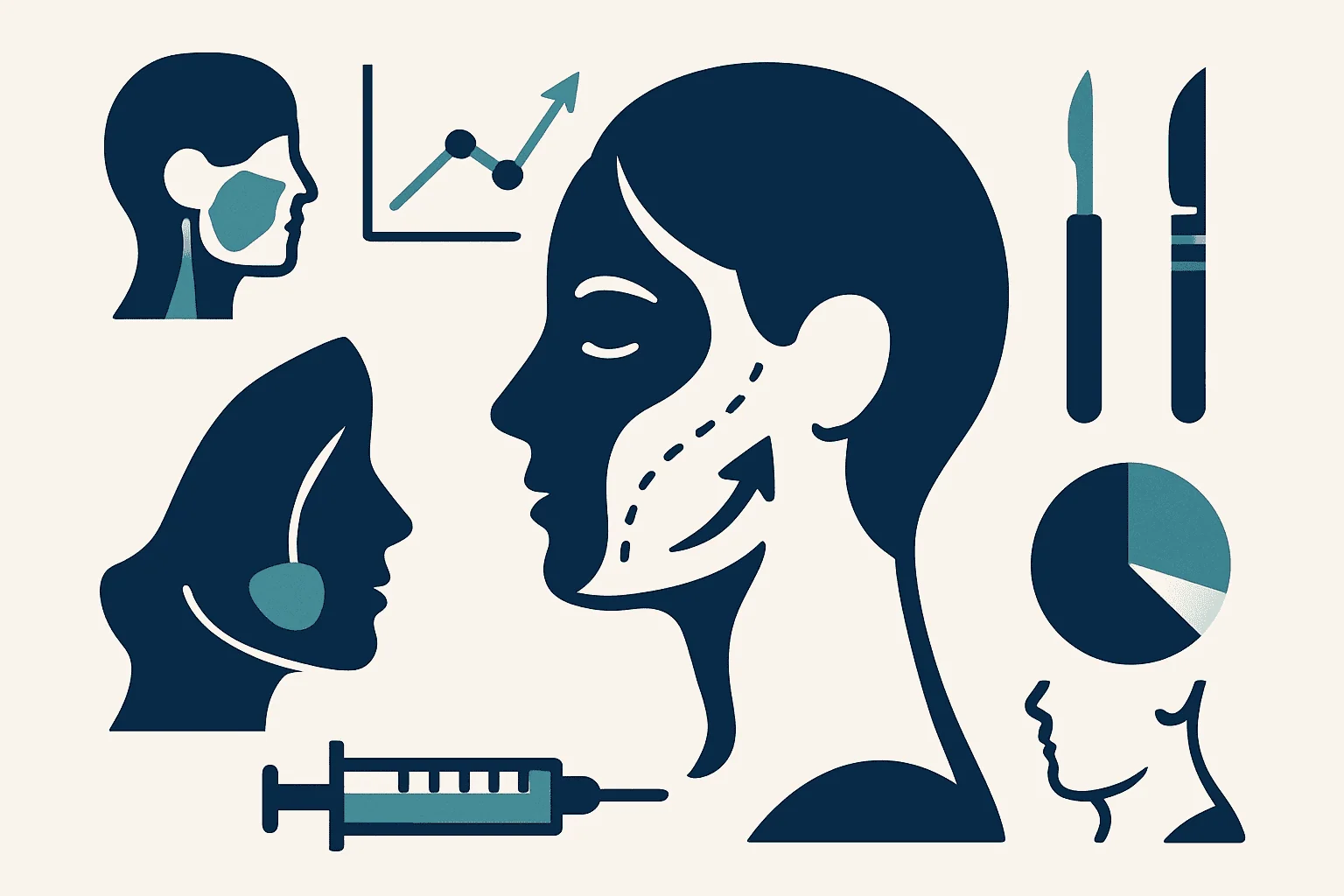 Medical illustration of facial surgery and cosmetic procedures.