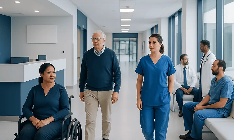 Medical team and patient in hospital corridor at Acibadem Hospitals Group.