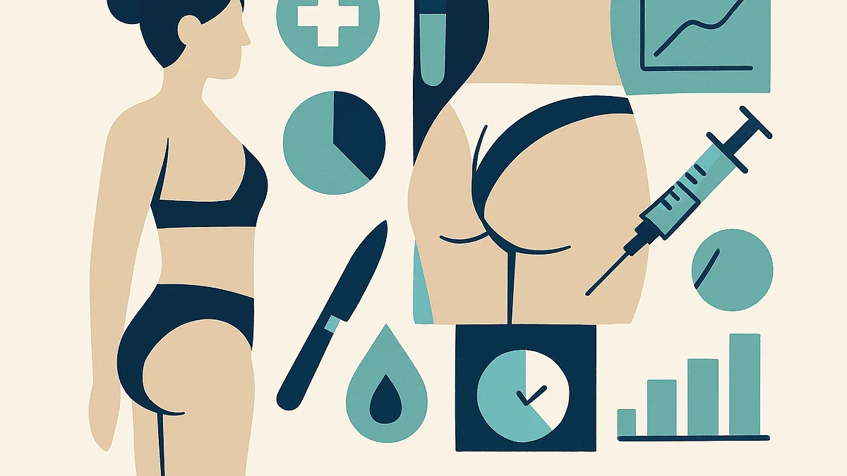 Illustration of a woman and medical icons related to cosmetic procedures and health.