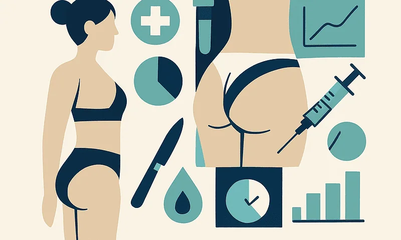 Illustration of a woman and medical icons related to cosmetic procedures and health.