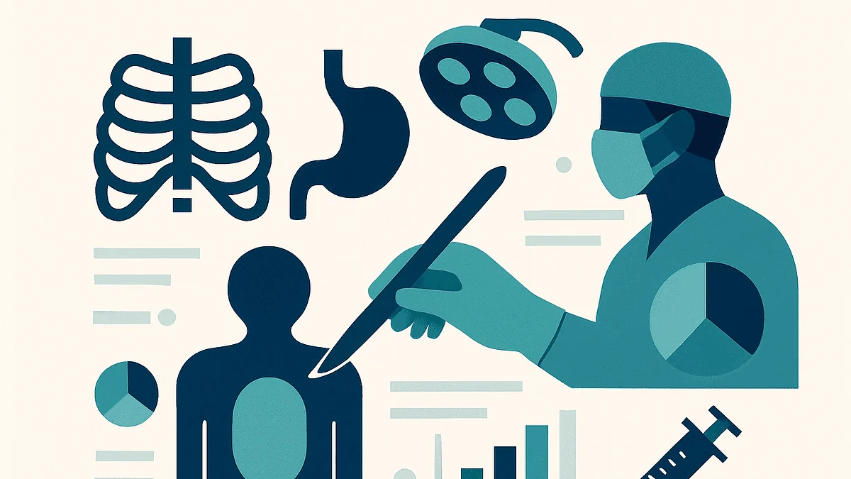 Medical professional analyzing patient data with surgical tools and charts.