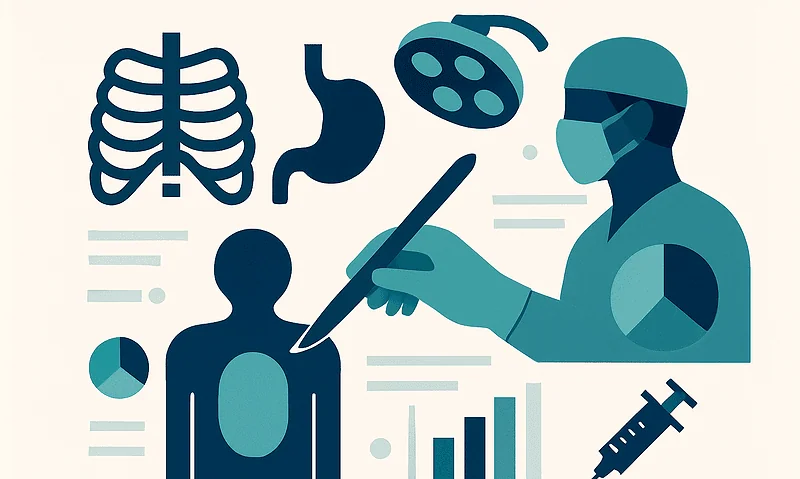 Medical professional analyzing patient data with surgical tools and charts.