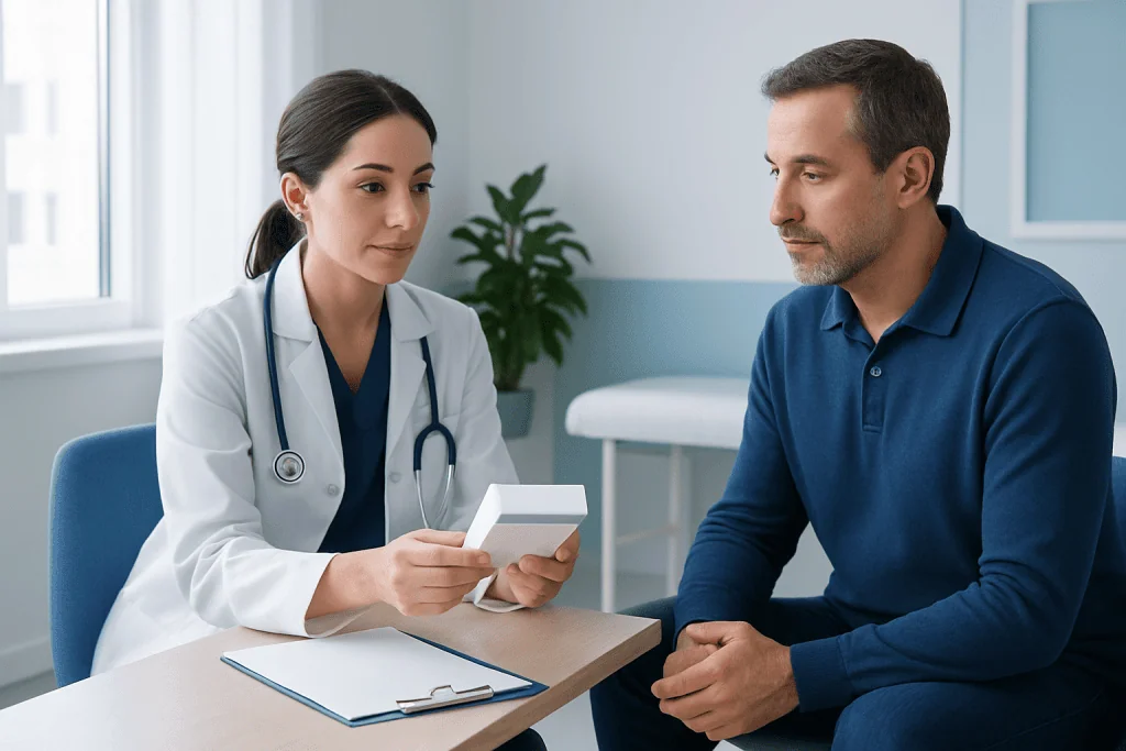 Doctor consulting with patient in a medical office.