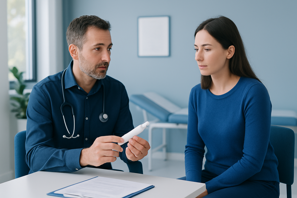 Doctor consulting with a female patient in a medical office.