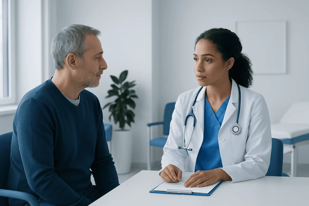 Doctor consulting with a male patient in a medical office.