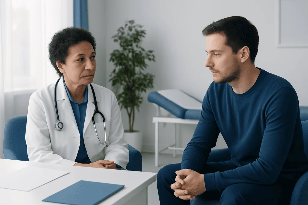 Doctor consulting with a male patient in a medical office setting.
