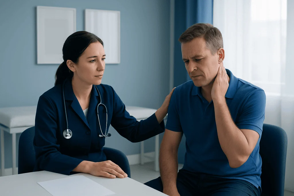 Doctor consulting with a patient experiencing neck pain in a medical office.