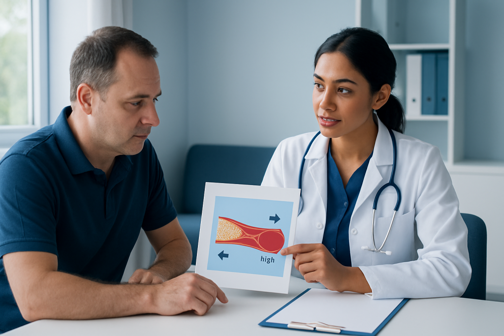 Doctor explaining LDL cholesterol levels to patient with visual chart.