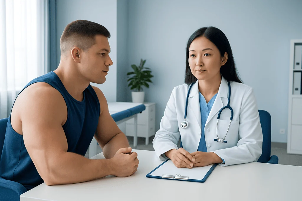 Doctor consulting with a young male patient in a medical office.