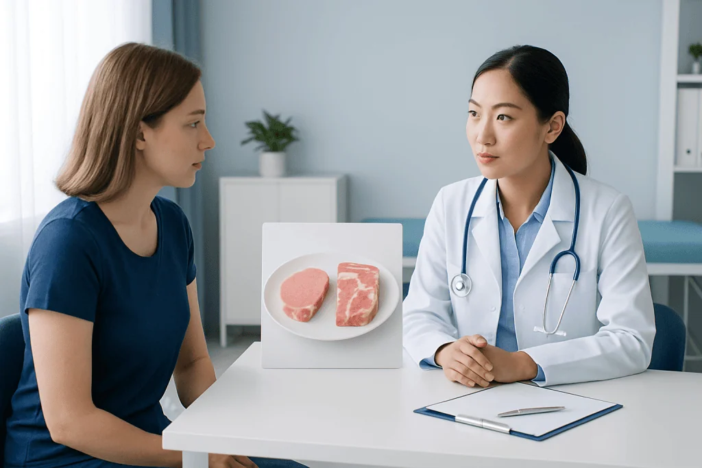 Doctor explaining meat types to patient in a medical consultation.