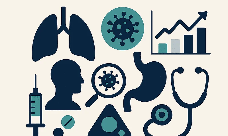 Medical icons representing respiratory health and disease analysis.