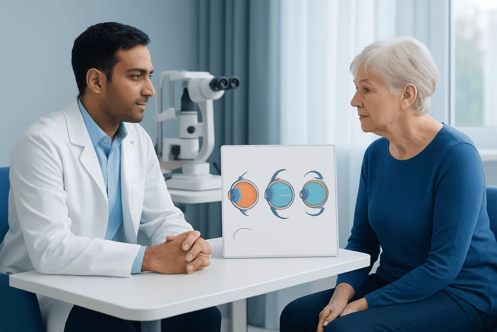 Ophthalmologist explains lens options to elderly patient during consultation.