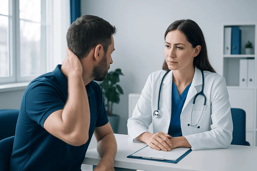 Doctor consulting with patient about cranial pain behind ear.