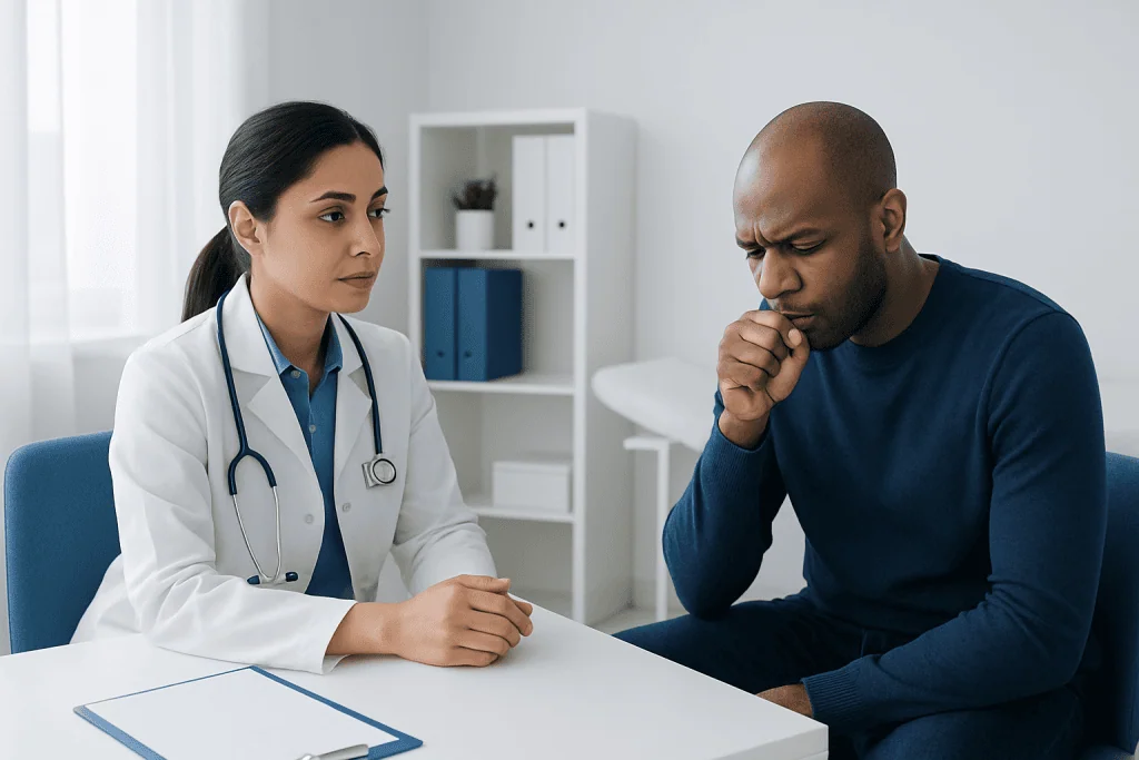 Doctor consulting with patient about cough symptoms in a clinic setting.