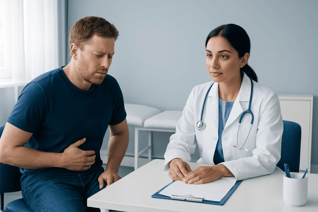 Doctor consulting with a patient about stomach pain in a medical office.
