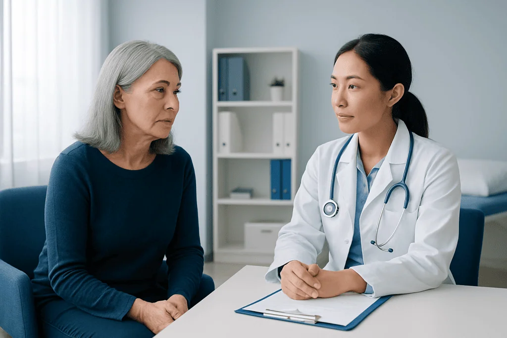 Doctor consulting with an elderly female patient in a medical office.