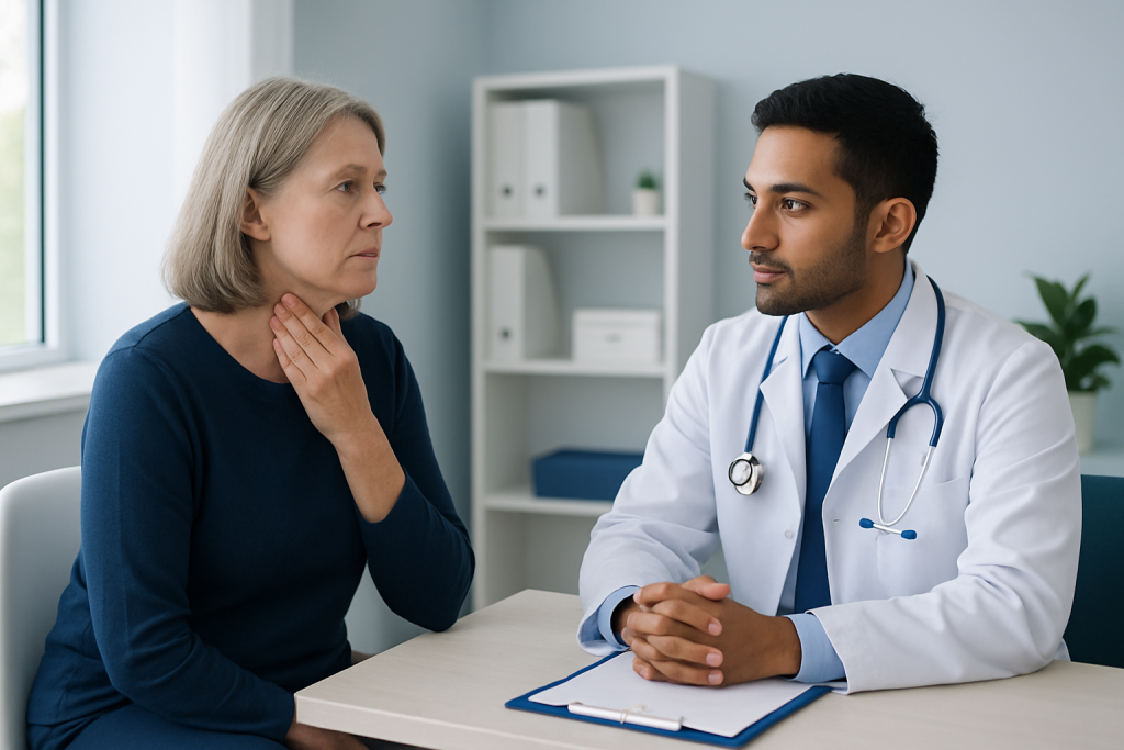 Doctor consulting with an elderly woman in a medical office.