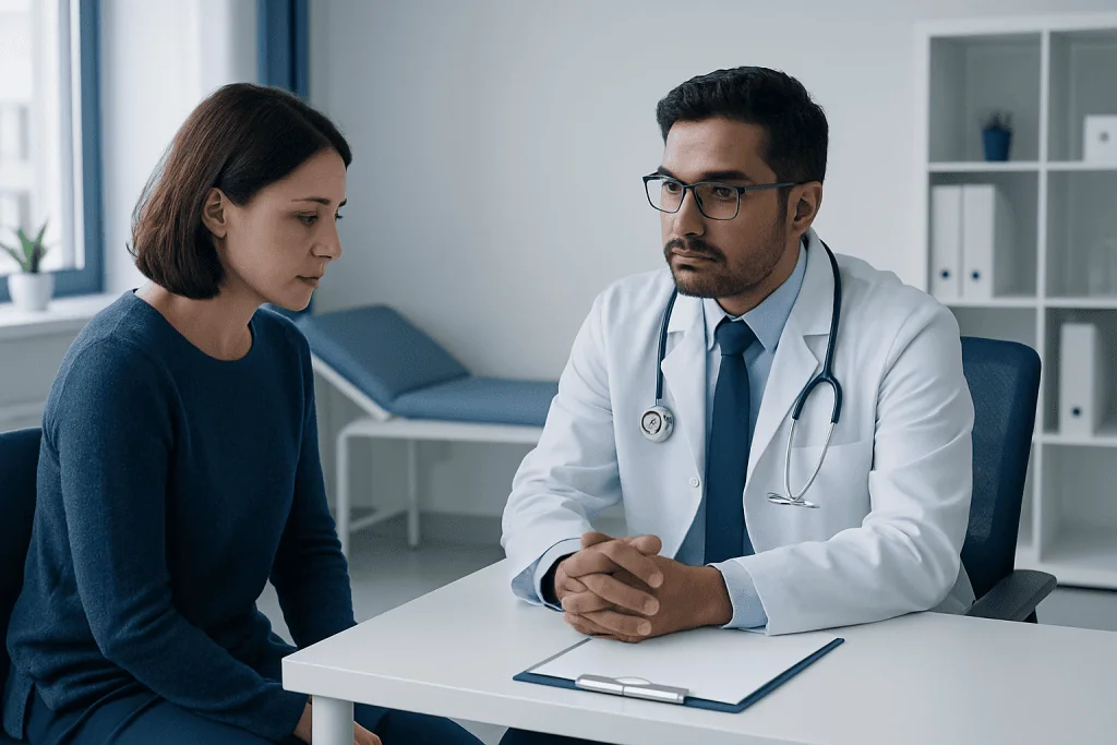 Doctor consulting with a female patient in a modern clinic setting.