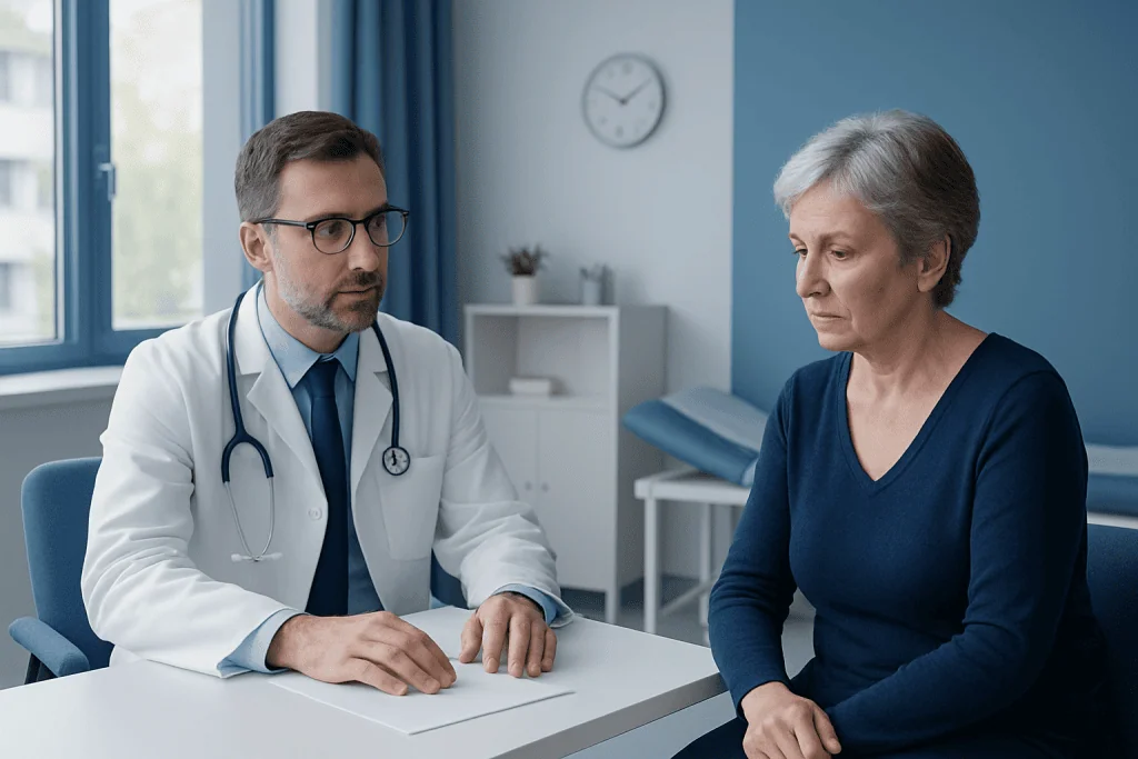 Doctor consulting with an elderly female patient in a medical office.