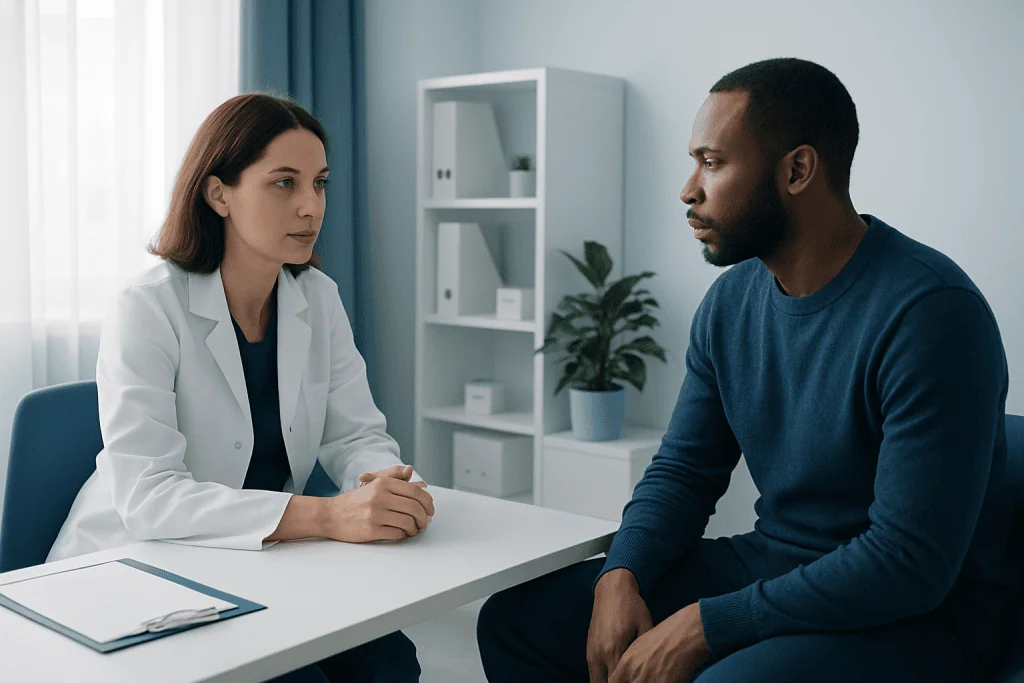 Doctor consulting with a patient in a medical office setting.