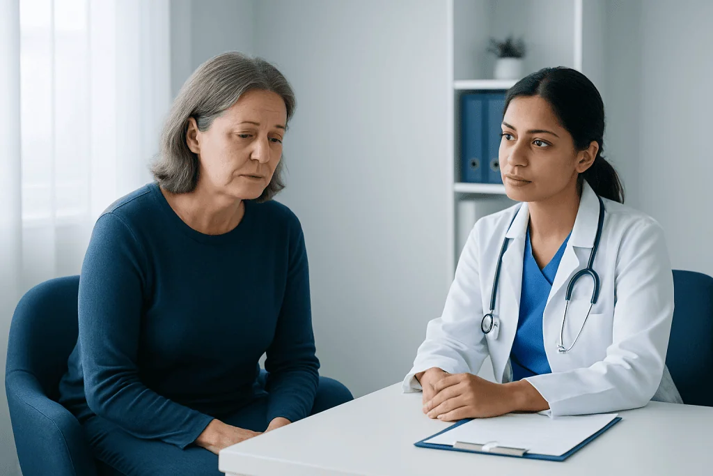 Doctor consulting with an older female patient in a medical office.