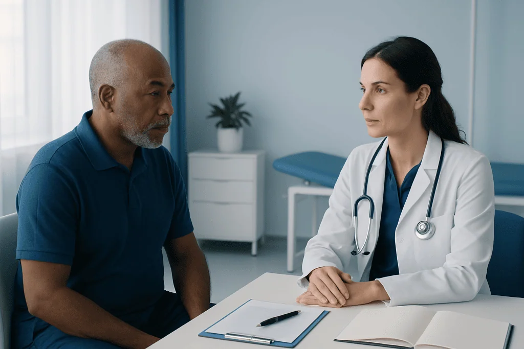 Doctor consulting with an older male patient in a medical office.