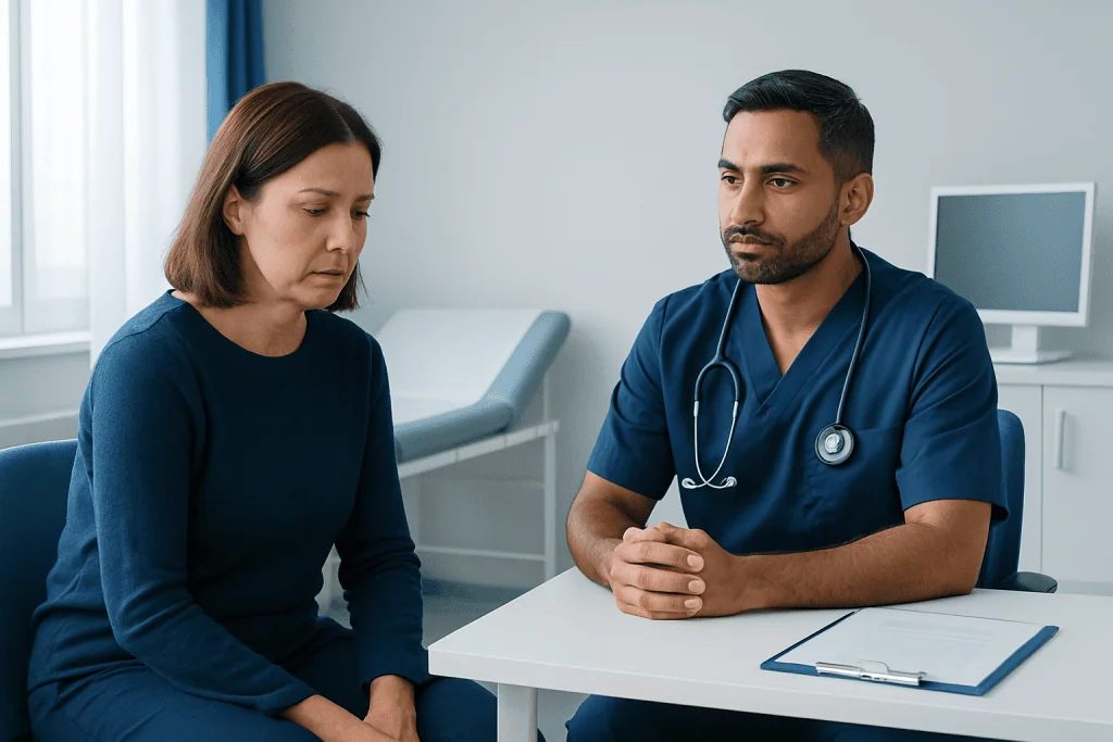 Doctor consulting with a female patient in a medical office.