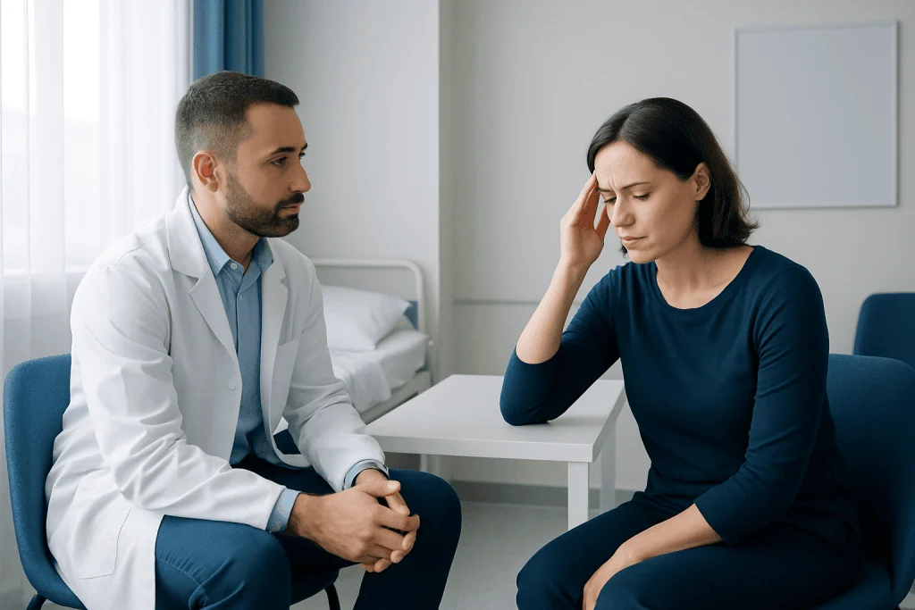 Woman experiencing headache consulting with doctor in clinic.