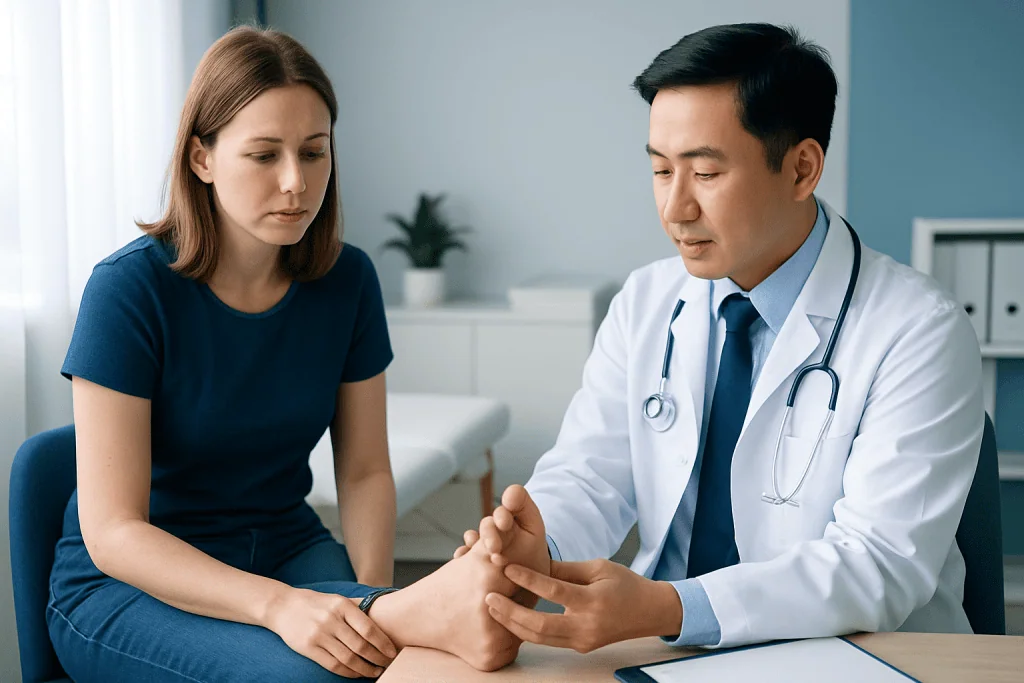 Doctor examining patient's foot in a medical consultation room.