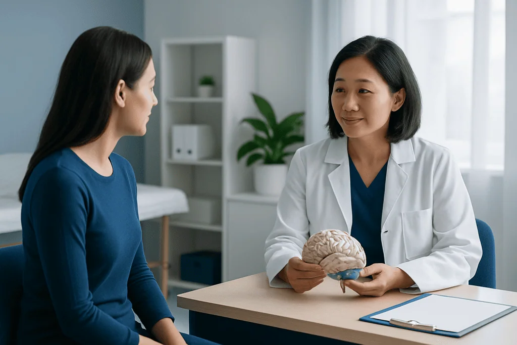 Doctor explaining brain health to a patient in a medical consultation room.