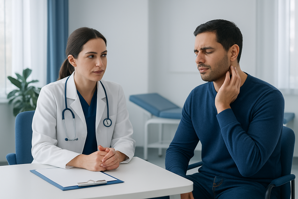 Doctor consulting with patient about throat and ear discomfort in clinic.