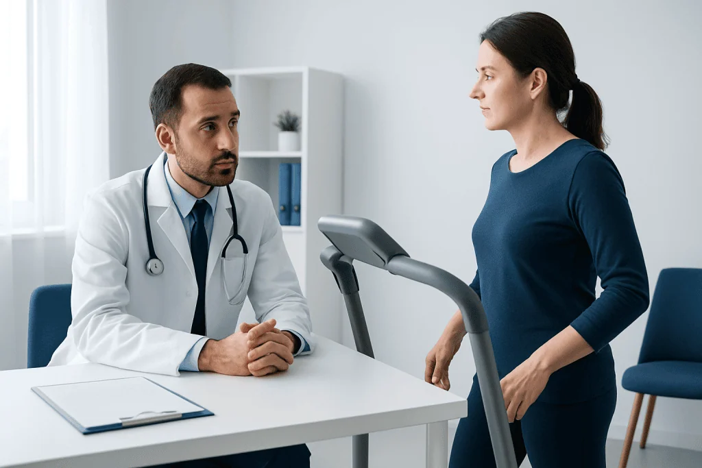 Doctor consulting with a patient about walking aid in a medical office.