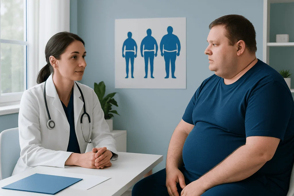 Doctor consulting with an overweight patient in a medical office.