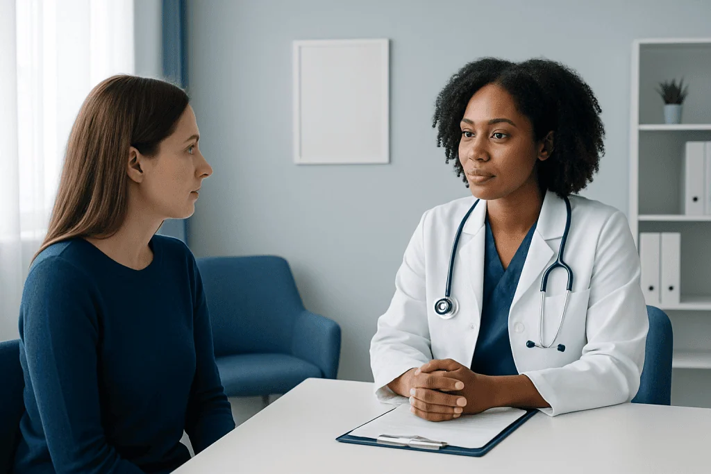Doctor consulting with a patient in a modern medical office.