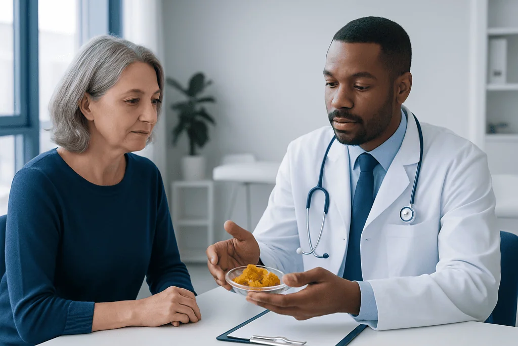 Doctor explaining turmeric benefits to a patient in a clinic setting.