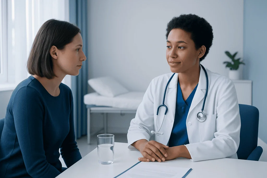Doctor consulting with a patient in a medical office setting.
