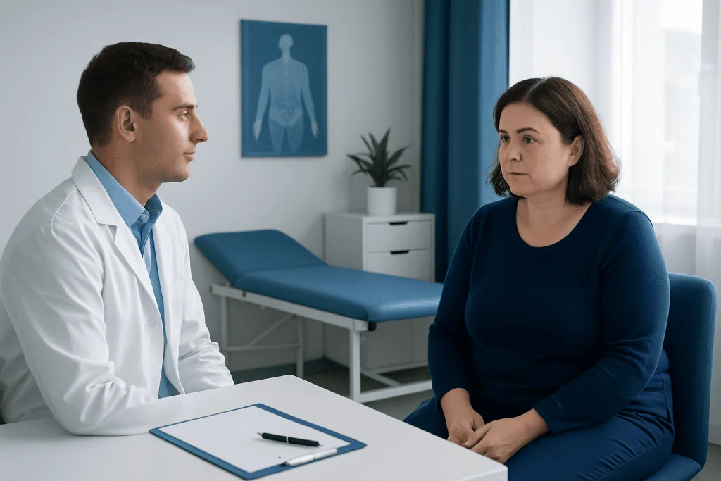 Doctor consulting a patient in a medical office with X-ray image on the wall.