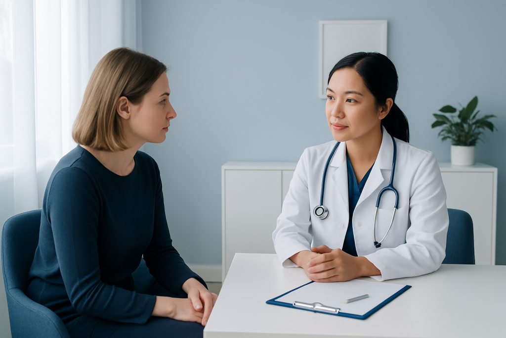 Doctor consulting with a patient in a modern medical office.