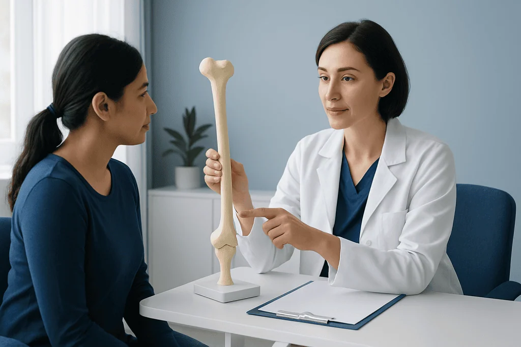 Doctor explaining long bone structure to patient with bone model in clinic.