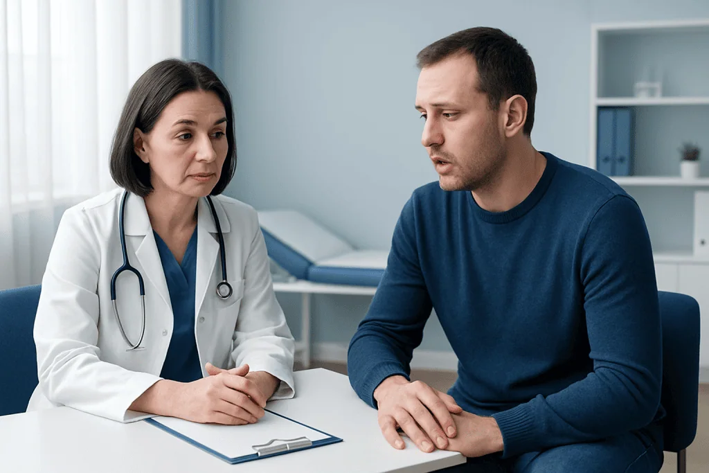 Doctor consulting with male patient in a medical office setting.