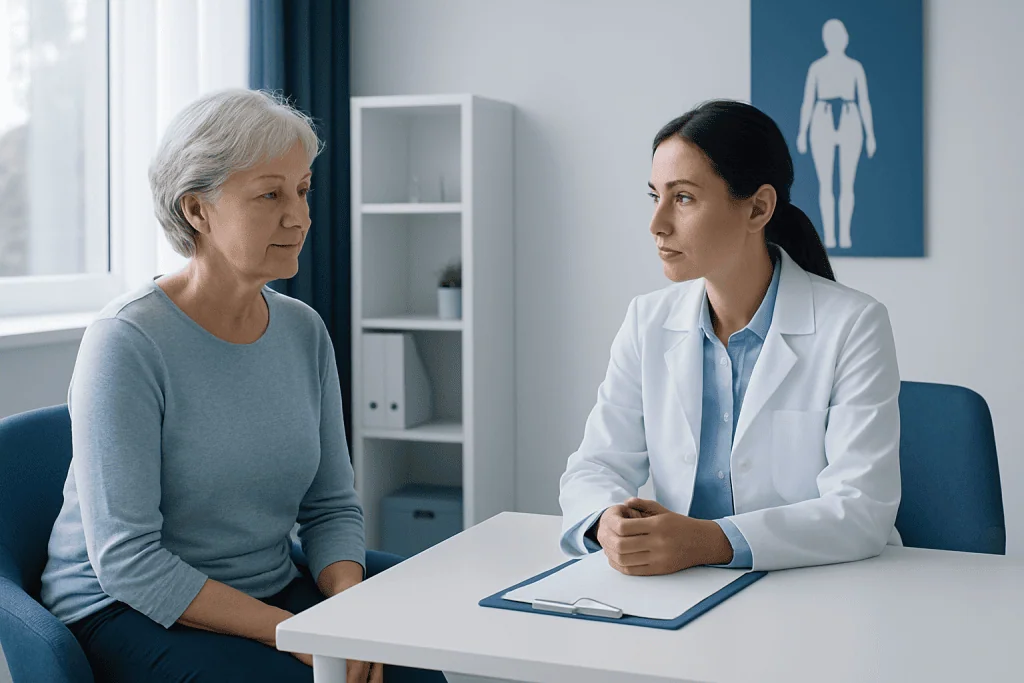 Doctor consulting with an elderly woman in a medical office.