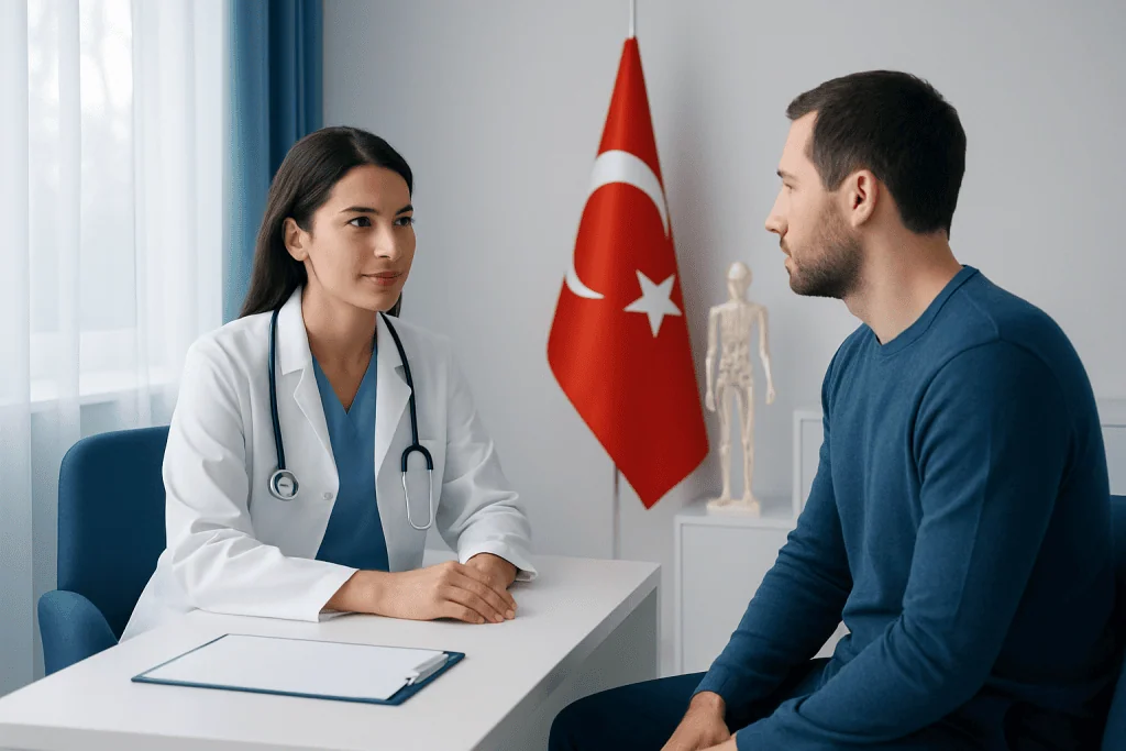Doctor consulting patient in a hospital setting with Turkish flag in background.