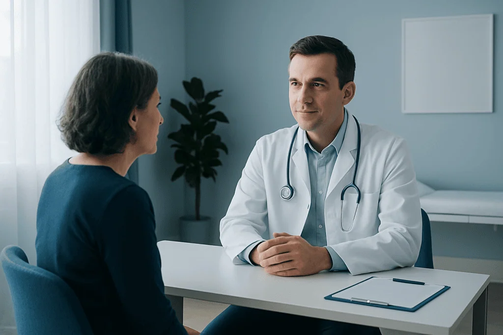 Doctor consulting with a female patient in a modern clinic setting.