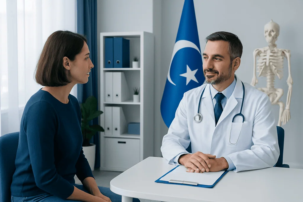 Doctor consulting with a patient in a modern hospital office in Turkey.