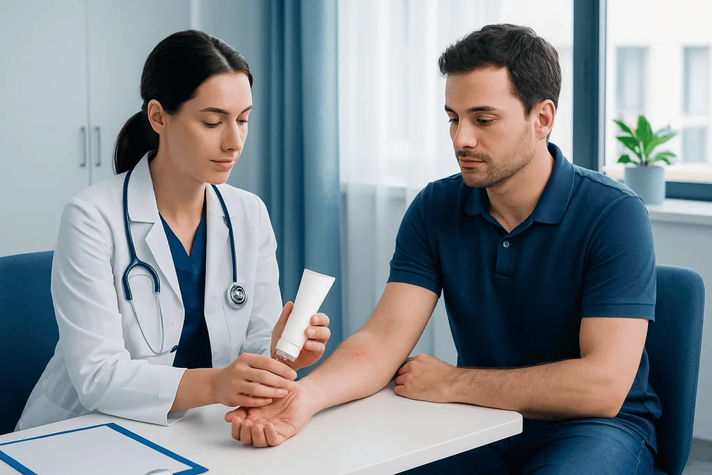 Doctor examining patient's skin with a medical device in a clinical setting.