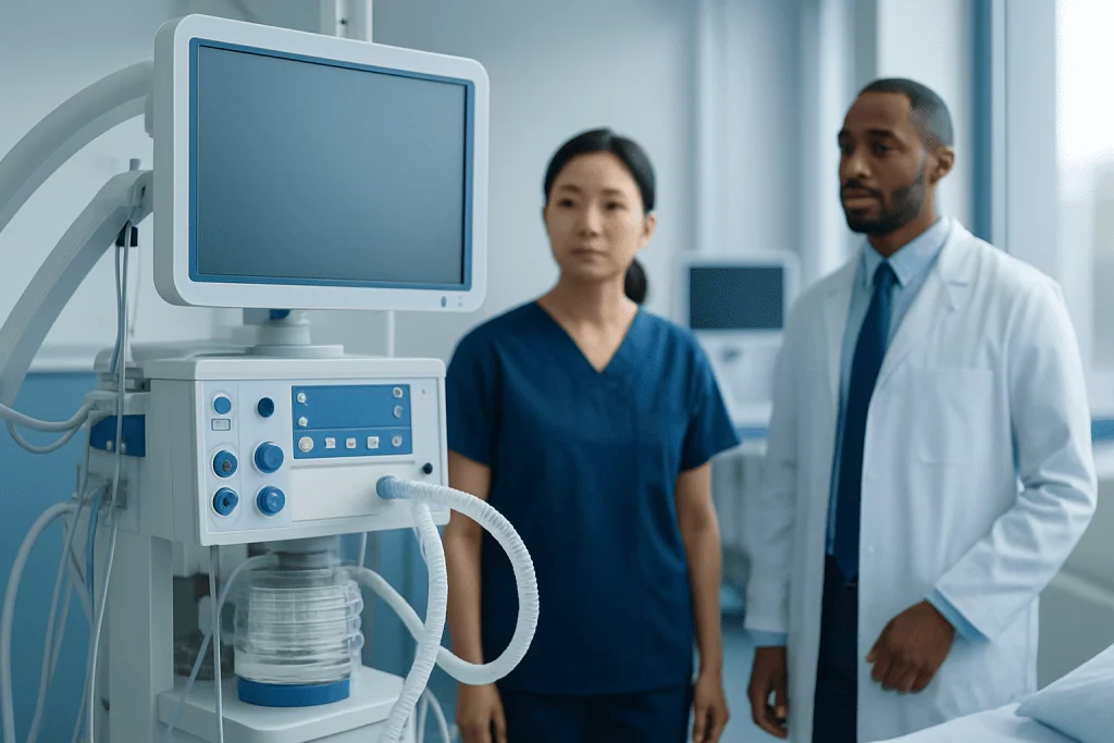 Medical professionals in a hospital room with ventilator equipment.