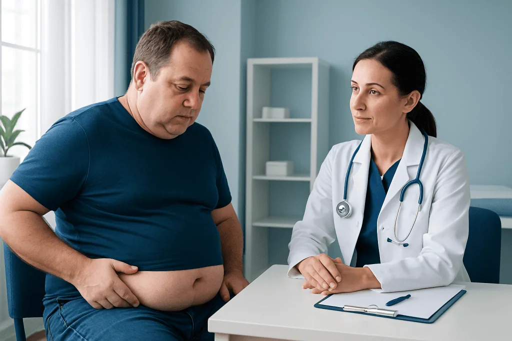 Doctor consulting with a male patient about weight management and health.