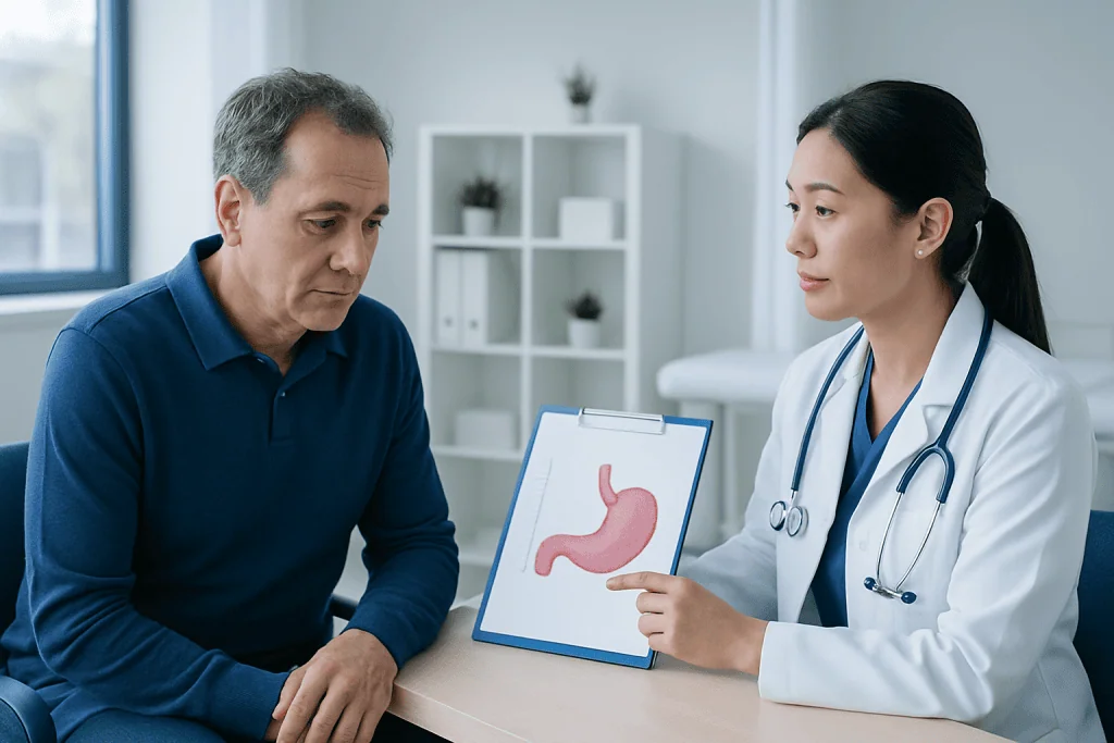 Doctor explaining stomach health to patient with stomach diagram.