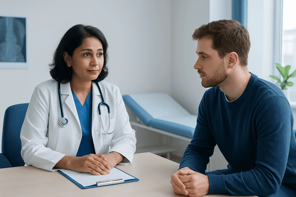 Doctor consulting with a patient in a medical office setting.