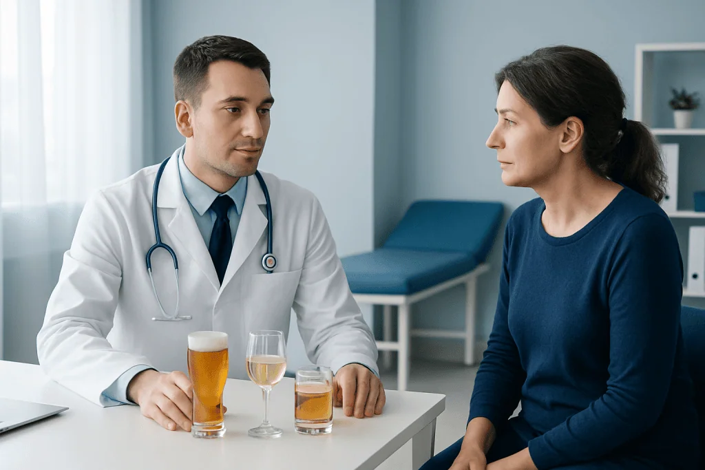 Doctor discussing alcohol content with a patient in a medical office.